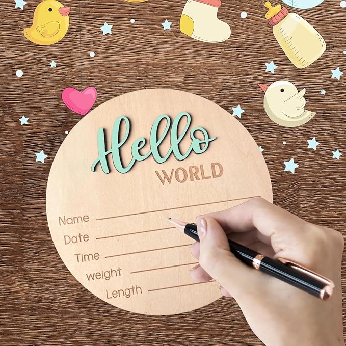 Baby Announcement Sign, 5.9 Inch Wooden Hello World Newborn Signs, Birth Announcement Sign, Baby Shower Hospital Nursery for Newborn Boys and Girls (Spark Green)