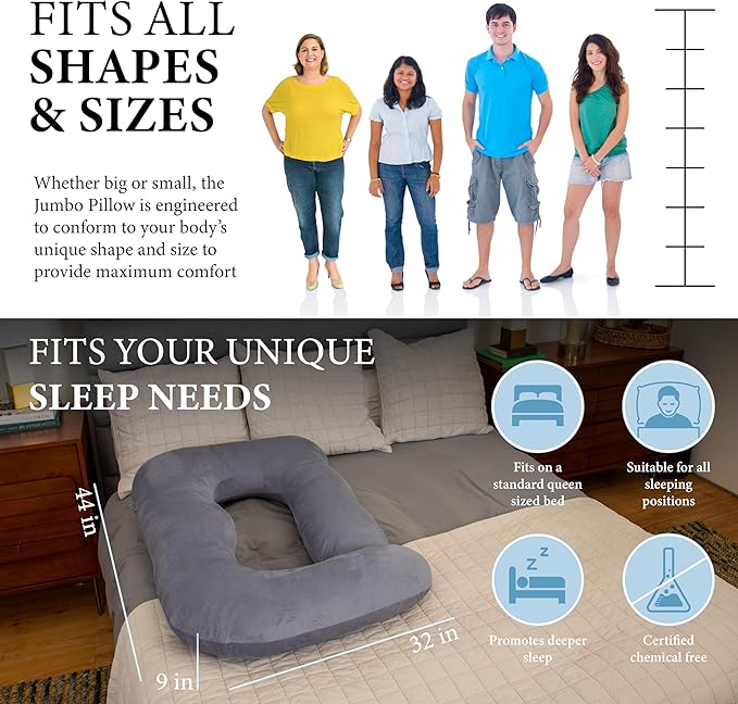 Pharmedoc Pregnancy Pillows, U-Shape Full Body Pillow -Removable Cover Jumbo Size - Gray - Pregnancy Pillows for Sleeping - Body Pillows for Adults, Maternity Pillow and Pregnancy Must Haves