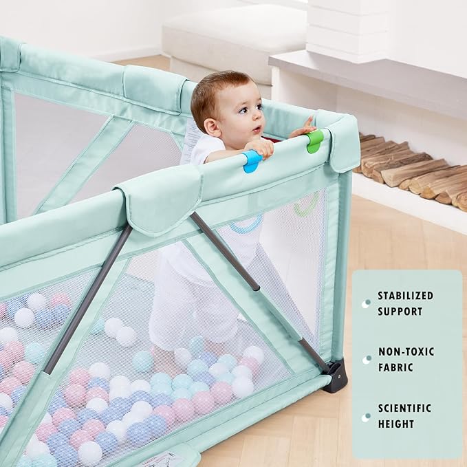 Baby Playpen Foldable, Playard for Babies and Toddlers, Portable Playpen Activity Center with 50 Balls+2 Handles for Travel, Indoor & Outdoor Play Pen with Mesh 59''x71''