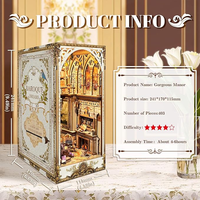 Book Nook Kit, DIY Miniature Dollhouse Kit Book Nook, 3D Wooden Puzzle Bookends for Bookshelf Insert Decor with LED Light for Teens and Adults (Baroque Dreams)
