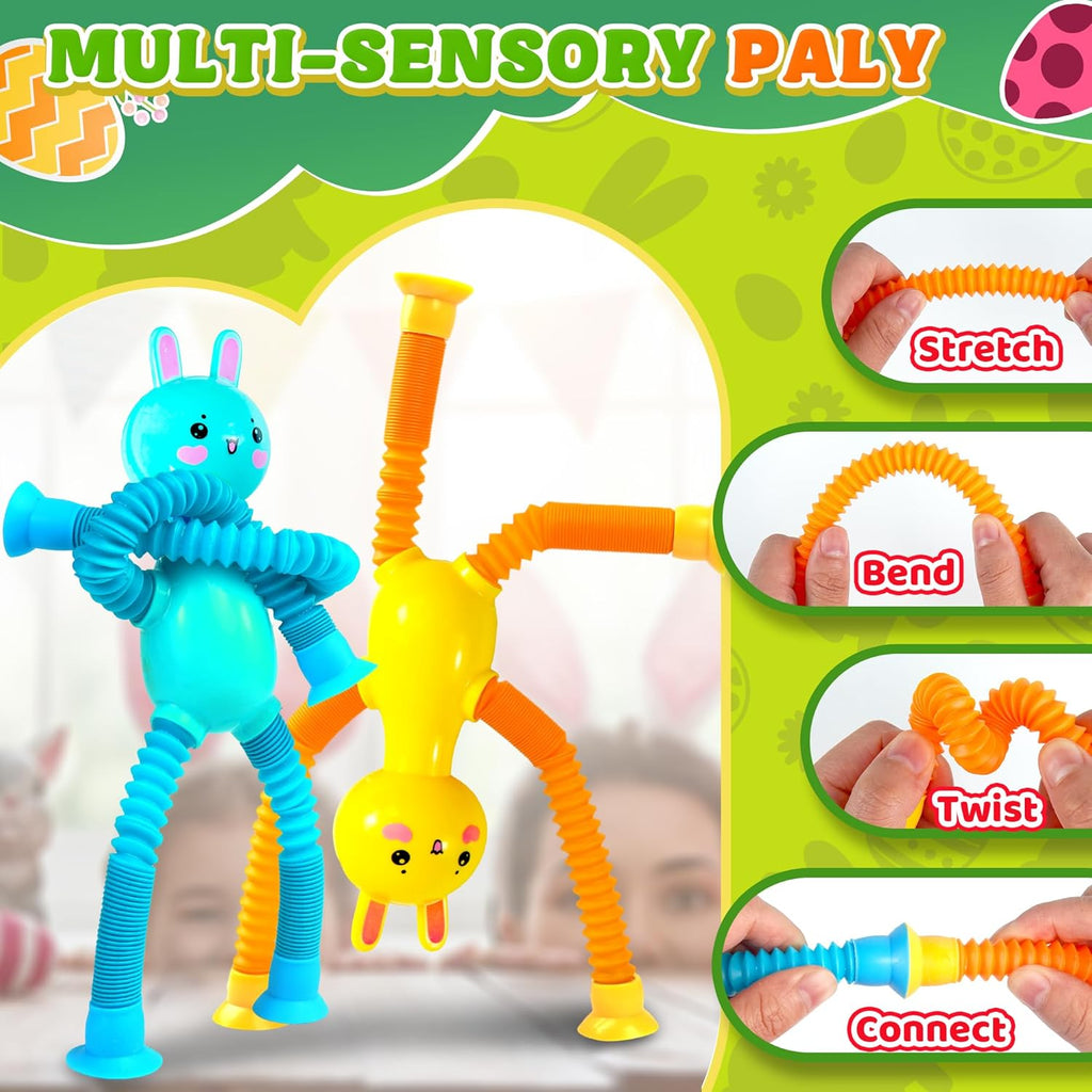 Sensory Travel Toys Easter Basket Stuffer Gift for Toddlers Kid Boy Year Old Ages 3+, Airplane Activities Suction Autism Pop Tube Fidget Toys Autistic Items Valentine for Kids (4pc-Rabbit)