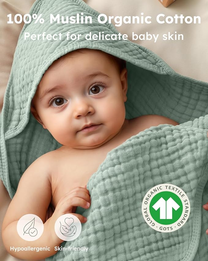 Yoofoss Hooded Baby Towels for Newborn 2 Pack 100% Muslin Organic Cotton Baby Bath Towel with Hood for Babies, Infant, Toddler and Kids, 37.5"x37.5", Soft and Absorbent Newborn Essential,Blue&Green
