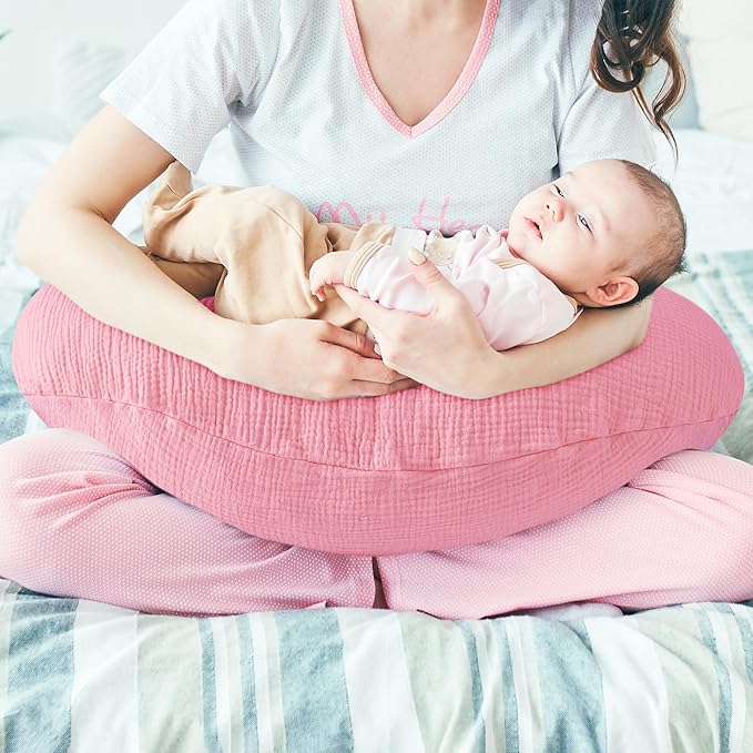 Pro Goleem Muslin Nursing Pillow Cover, 100% Cotton Soft Breathable Feeding Pillow Slipcover for Breastfeeding Moms, Fits Standard Infant Nursing Pillow, for Boys and Girls, 2 Pack (Pink＆Purple)