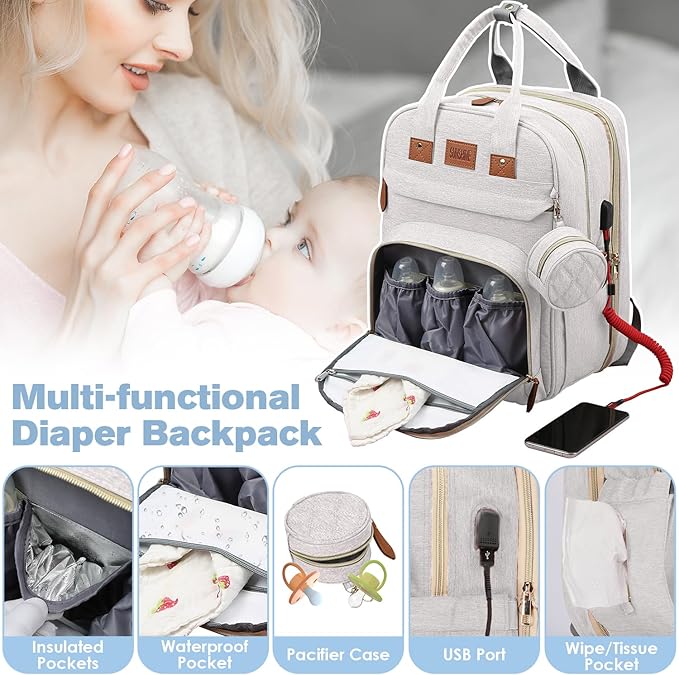Diaper Bag Backpack, Large Diaper Bag with Changing Station, New Mom Gifts, Lightweight Waterproof Unisex Diaper Bag with Insulated Pockets and USB Charging Port, Beige