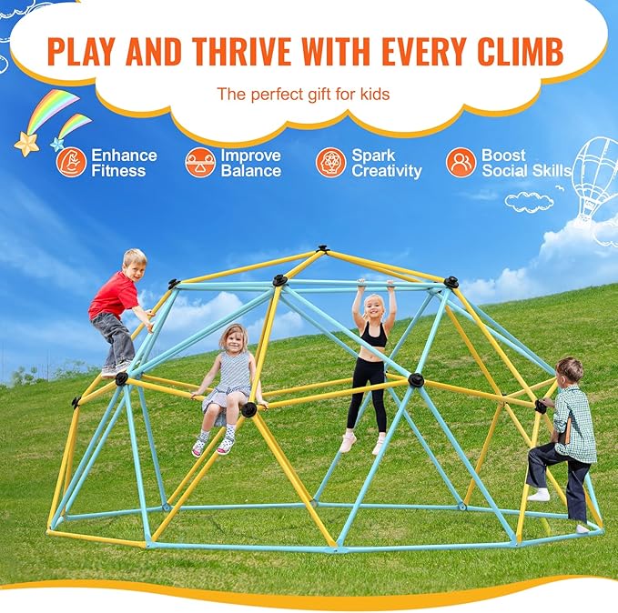 VEVOR Climbing Dome, 12FT Geometric Dome Climber Play Center for Kids 3 to 10 Years Old, Jungle Gym Supports 750LBS and Easy Assembly, with Climbing Grip, Outdoor Backyard Play Equipment for Kids