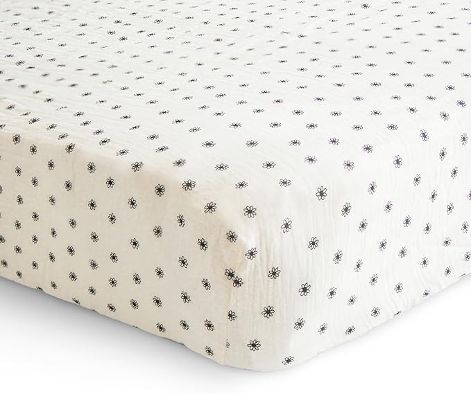 mushie Extra Soft Muslin Fitted Crib Sheet | 192 Thread Count | 28"x 52" (Black Daisy)