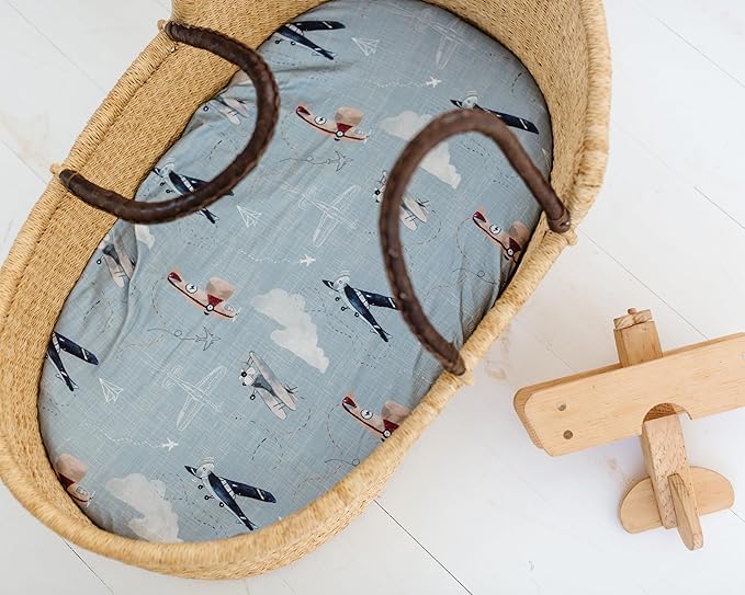 Baby Bassinet Sheets for Boy, Girl (Airplanes & Clouds) 2-Pack - Fitted Bedside Bassinet Sheets - Buttery Soft Cotton Blend for Standard Mattress Pad