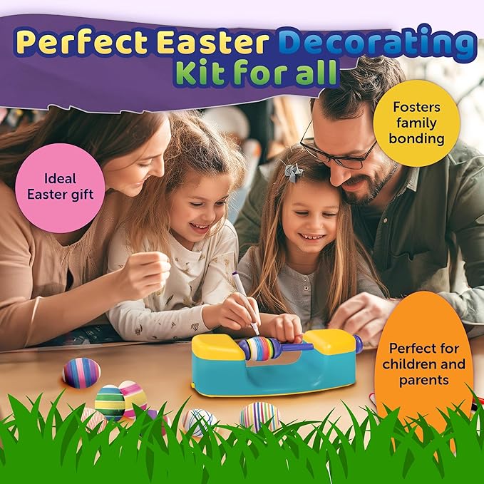 MindWare Eggmagic Decorator Dynamic Easter Egg Coloring Kit with Automatic 360 Egg Spinner and Vibrant Non-Toxic Marker Set (8 ct) for Creative Family Fun Decorating Activity