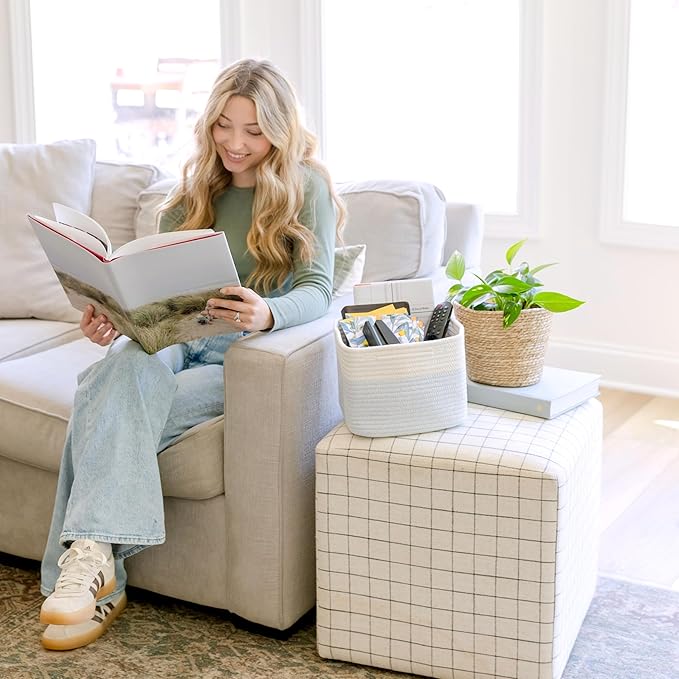 NaturalCozy Storage Cubes 9”x9”x7”Cotton Rope Woven Baskets for Organizing 3-Pack | 9 Inch Cube Storage Bin | Small Basket for Shelf Nursery, Pantry, Decorative Plant, Bathroom Closet, Toy Gift