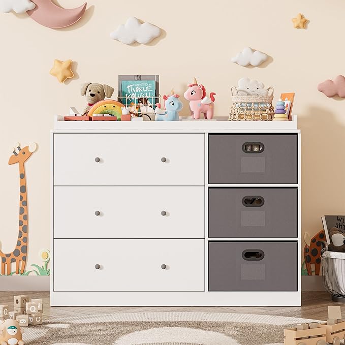 White Nursery Dresser with Changing Top, Baby Diaper Changing Station with 3 Fabric Drawer, Safety Rail & Nursery Organizer, Modern Dressers for Bedroom (47.2" W x 18.9" D x 36.1" H)