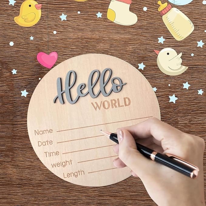 Baby Announcement Sign, 5.9 Inch Wooden Hello World Newborn Signs, Birth Announcement Sign, Baby Shower Hospital Nursery for Newborn Boys and Girls (Gray)