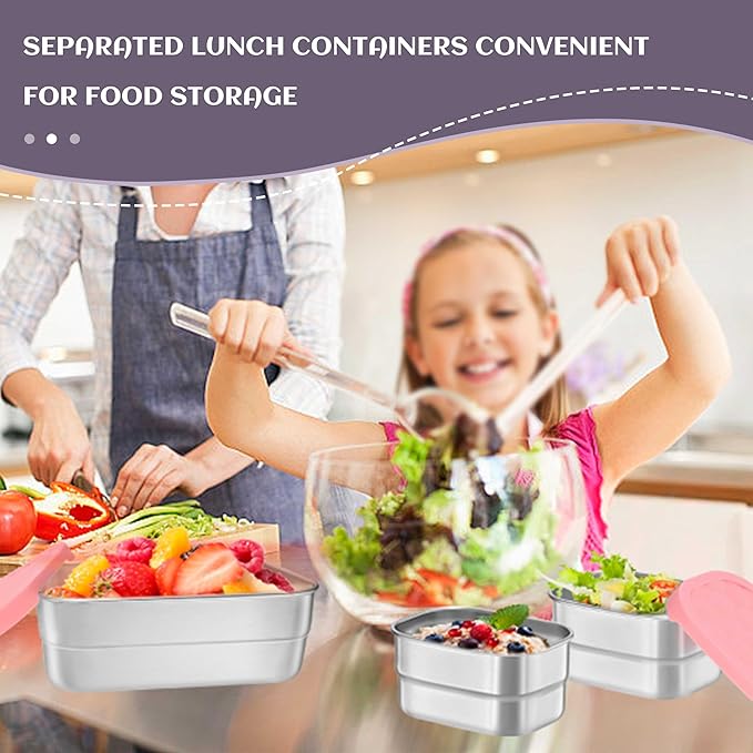 HaWare Stainless Steel Lunch Box for Kids, Leak Proof Food Storage Containers with Silicone Lids, Reusable Easy-Opened Lunch Containers, Portable Metal Snack Box, Dishwasher Safe (8oz*2+25oz)