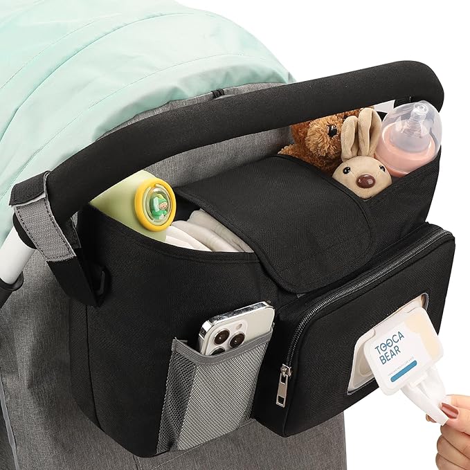 Accmor Universal Stroller Organizer with Insulated Cup Holder, Stroller Caddy Bag Accessories, Stroller Cup Holder Organizer for Uppababy Baby Jogger Britax Stroller, Black