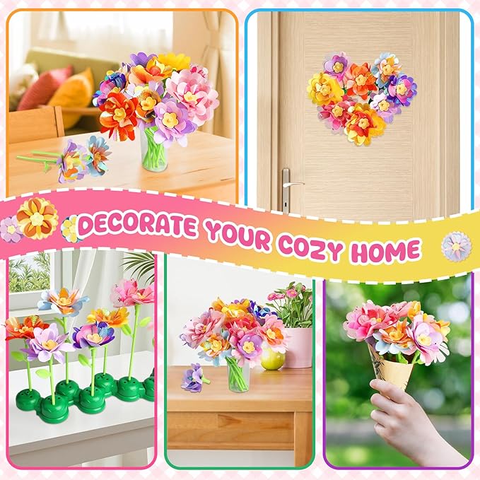 Fabric Flower Bouquets Toys, DIY Flower Making Kit for Kids 4 5 6 7 8 9 10 11 12 Year Old Girl Birthday Christmas Gift, Art and Crafts Kit Flowers Toys for Girls 4-6 6-8 8-12 Year Old (YELLOW)