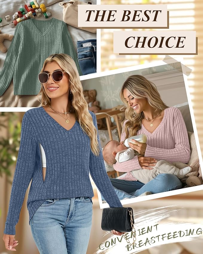 3 Pack Women's Maternity Nursing Tops, V Neck Breastfeeding Sweaters Long Sleeve Hidden Zipper Shirts