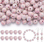 105pcs 10mm Rhinestone Beads for Jewelry Making, Pink AB Shiny Round Disco Ball Beads Bulk, Sparkle Crystal Clay Christmas for Bracelet Baseball Necklace Earring Crafting and DIY