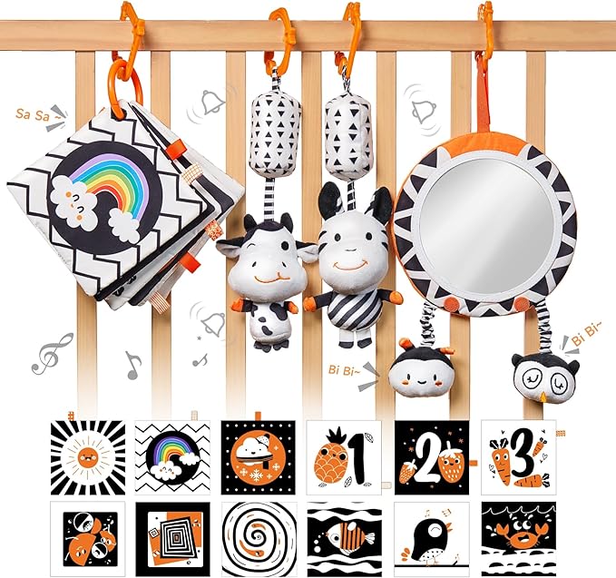 TUMAMA Black and White Baby Toys, High Contrast Tummy Time, Newborn Soft Books Mirror Rattles, Montessori Sensory 0-12 Months, Hanging Infant for Carseat Stroller Play Mat Crib