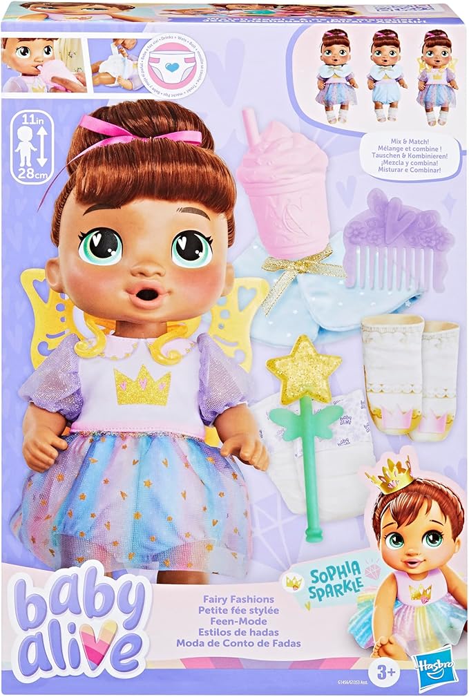 Baby Alive Fairy Fashions Sophia Sparkle Doll with Clothes Accessories, Brown Hair, 11 Inches, Toys for 3 Year Old Girls and Boys & Up (Amazon Exclusive)