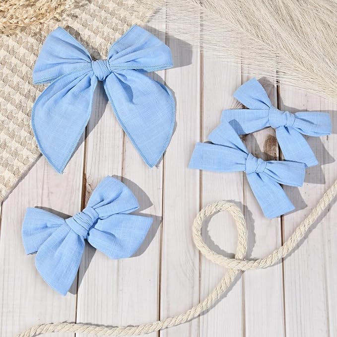 DEEKA 4 PCS Blue Cotton Linen Hair Bows 3 Styles 5" & 4" Handmade Hair Bow set for Toddler Girls Alligator Hair Clips Knot Bows Hair Accessories for Little School Girls (Blue)