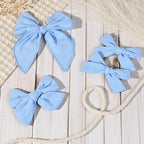 DEEKA 4 PCS Blue Cotton Linen Hair Bows 3 Styles 5" & 4" Handmade Hair Bow set for Toddler Girls Alligator Hair Clips Knot Bows Hair Accessories for Little School Girls (Blue)