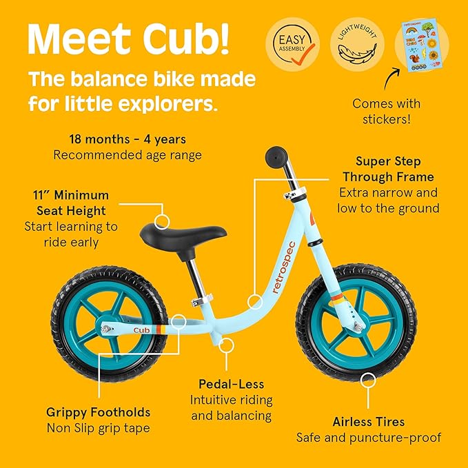 Retrospec Cub Toddler 12" Balance Bike, 18 Months - 3 Years Old, No Pedal Beginner Kids Bicycle for Girls & Boys, Flat-Free Tires, Adjustable Seat, & Durable Frame