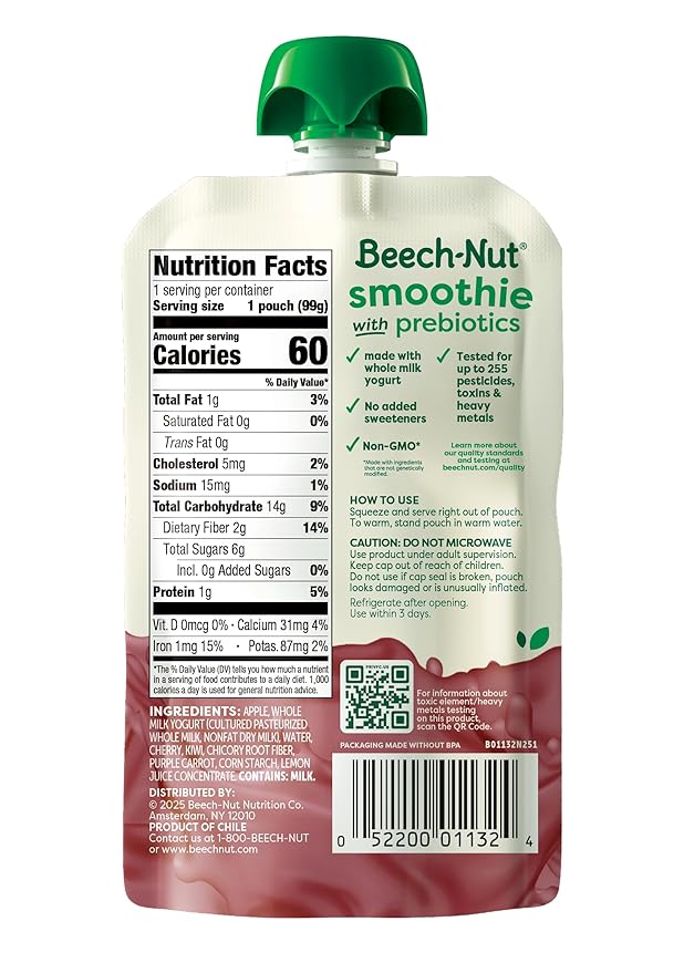 Beech-Nut Toddler Smoothies with Prebiotics, Apple Cherry Kiwi Purple Carrot & Yogurt Baby & Toddler Food Pouches, 3.5 oz (12 Pack)