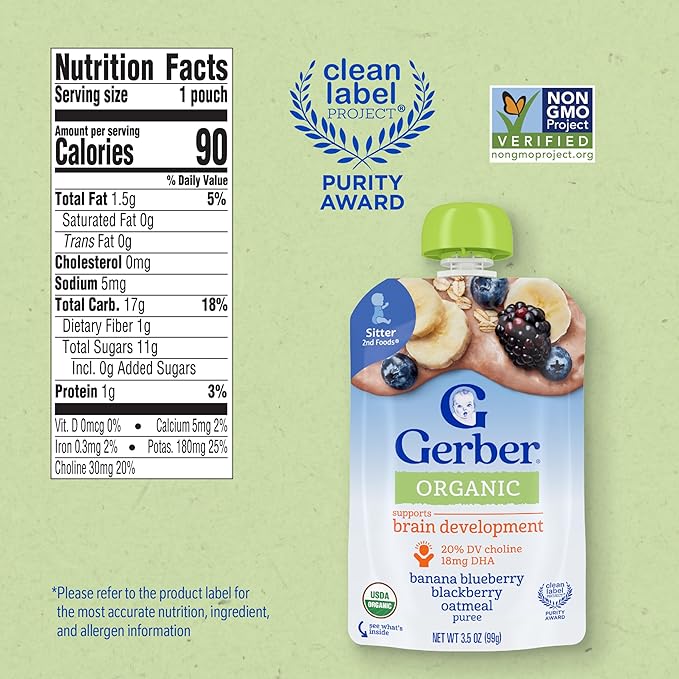 Gerber Stage 2 Baby Food, Organic Banana Blueberry Blackberry Oatmeal, Baby Puree, 12PK