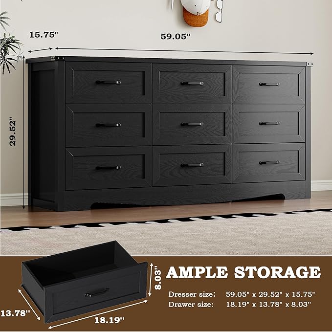 9-Drawer Dresser for Bedroom, Modern Wooden Chest of Drawers with Metal Handles, Anti-Tipping Design, Sturdy and Stable Storage Organizer for Living Room, Entryway, Home Office