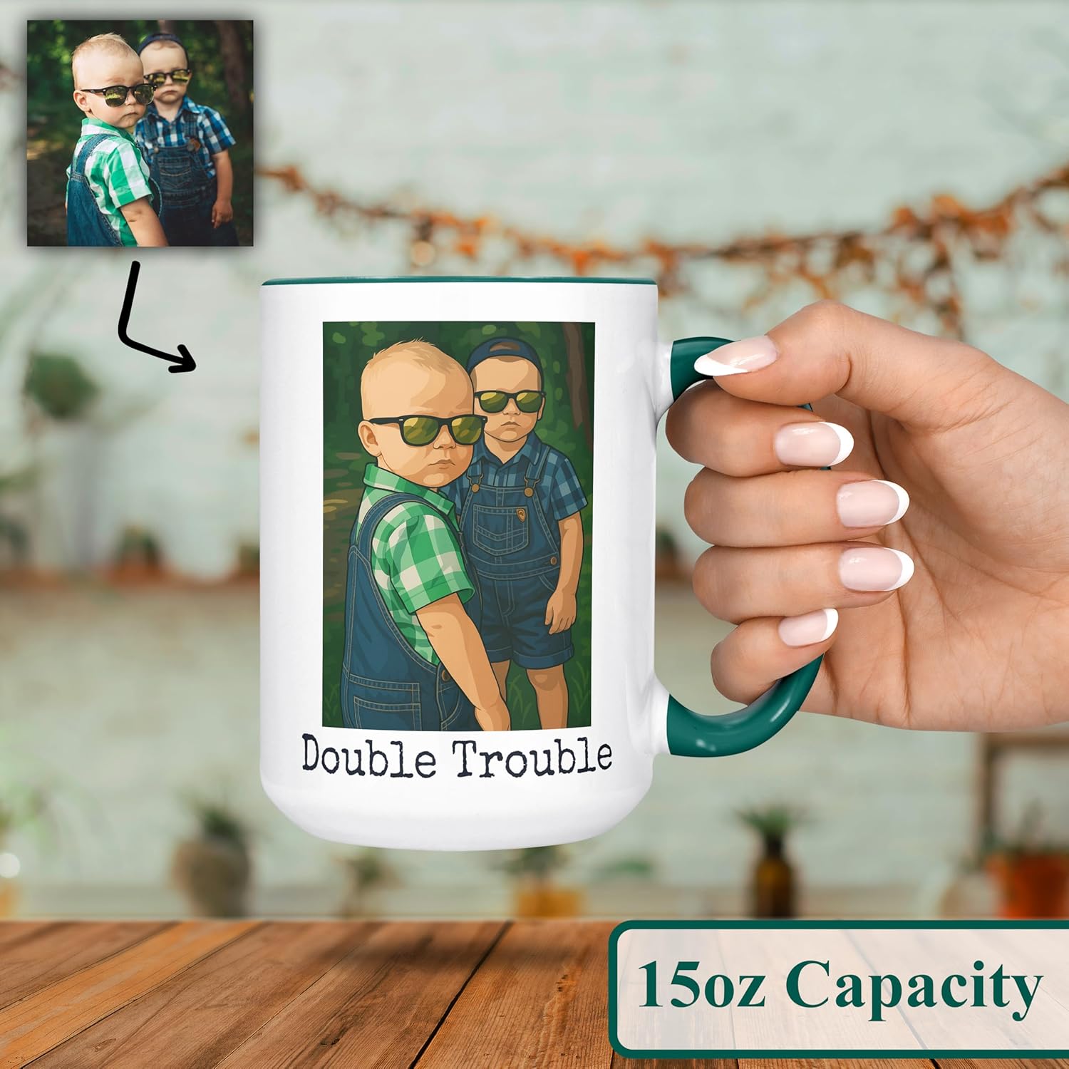 Personalized Coffee Mug, Custom Drawing Portrait Gift, Funny Customized Coffee Gift for Men & Women, Custom Mugs with Pictures, Green 15oz Customized Ceramic Tea Cup