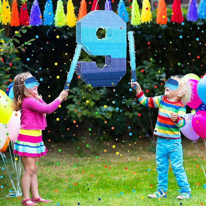 Sratte Number 1 2 3 4 5 6 7 8 9 Piñata with Stick Blindfold Confetti, Gradient Blue Piñata for Kids Boys Girls Birthday Party Anniversary Decorations Supplies(Number 9)