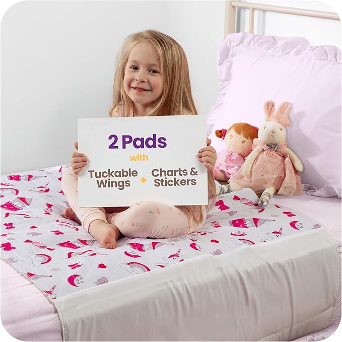 IMPROVIA® Toddler Bed Wetting Pad – 2 Pack 34x36 Waterproof Mattress Protector with Tuckable Wings – Ultra Absorbent, Non-Slip Washable Underpad for Kids & Potty Training – Unicorn Design (Unicorn)