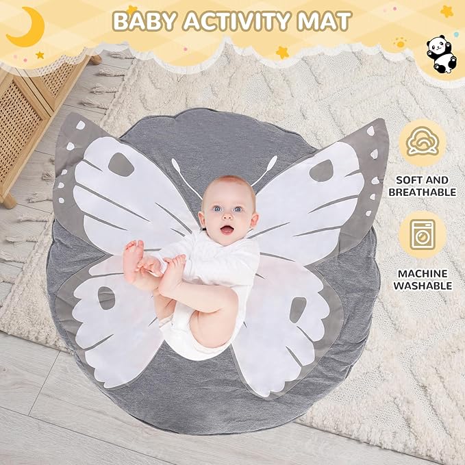 Wooden Play Gym with Mat, Foldable Baby Activity Gyms for Infants Newborn Baby Girl and Boy, Tummy Time Baby Infant Toys 0-6 6-12 Months (Gray)