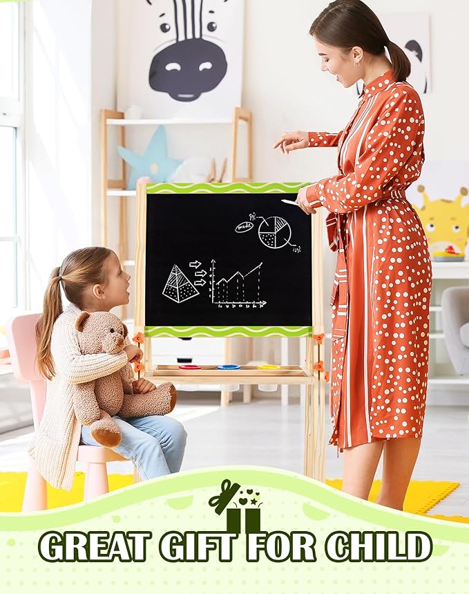Kids Easel 3-1 Adjustable Art Easel Wooden Drawing Board Double-Sided with Magnetic Whiteboard & Chalkboard for Ages 3-8, Foldable Design Includes Paper Roll