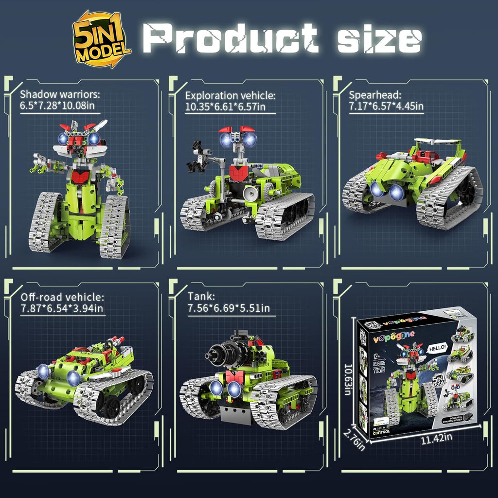 5 in 1 STEM Robot Building Kit, APP & Remote Control Robotics Building Toys, 705 Pcs DIY Building Robot/RC Car/Tank with Light, Building Toy Gifts for Boys Girls Kids 8-16 Science Learning