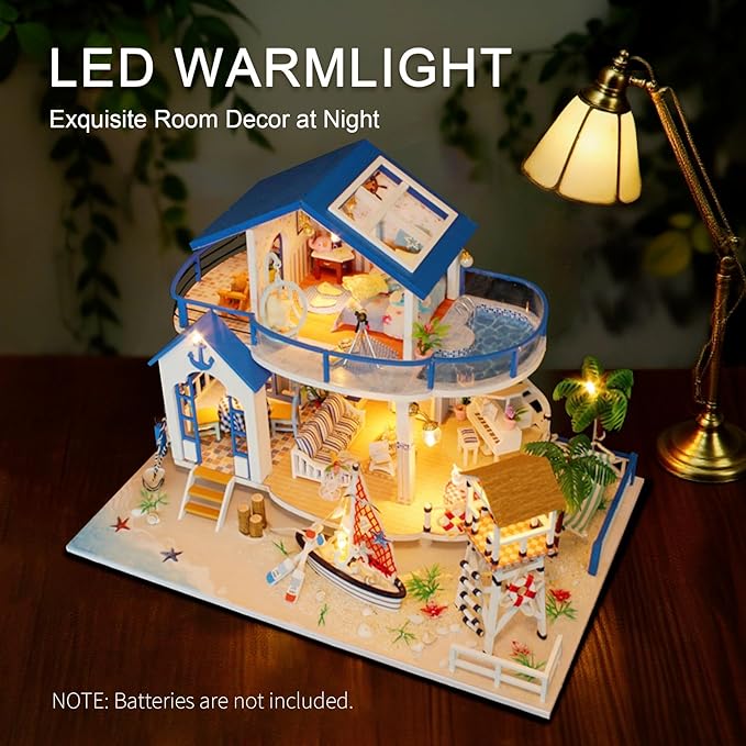 DIY Miniature Dollhouse Kit, Mini House Building Kit for Adults, Tiny House Making Kits with LED Light, Hobby Craft Christmas Decorations Birthday Gifts for Adults (Blue Sea Story)