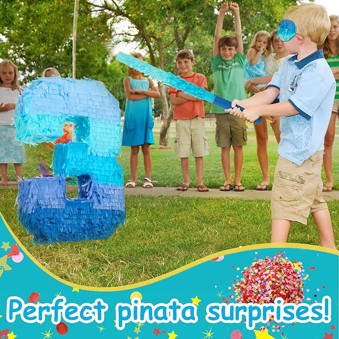 Sratte Number 1 2 3 4 5 6 7 8 9 Piñata with Stick Blindfold Confetti, Gradient Blue Piñata for Kids Boys Girls Birthday Party Anniversary Decorations Supplies(Number 3)