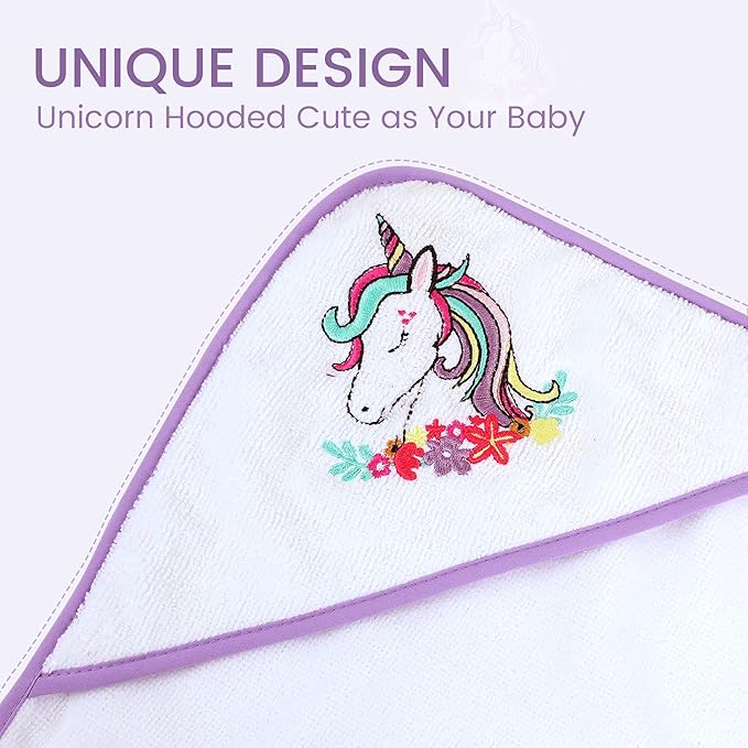 Viviland Baby Towels and Washcloths, Soft Absorbent Purple Baby Bath Towel Set, Unicorn Hooded Towels with 5 Infant Face Washcloths (6 Pieces)