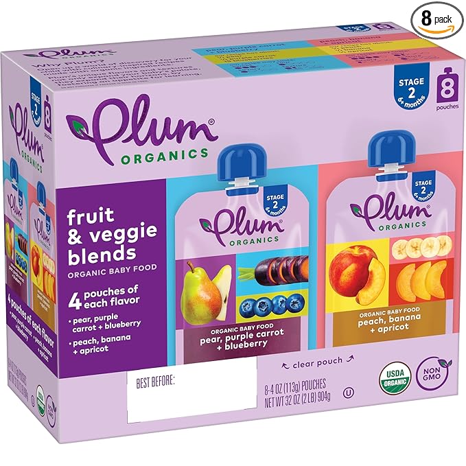 Plum Organics Variety Pack, 6+ Months - Organic Fruit and Veggie Baby Food Pouches - Pear, Purple Carrot + Blueberry & Peach, Banana + Apricot - 4 oz Pouch (Pack of 8)