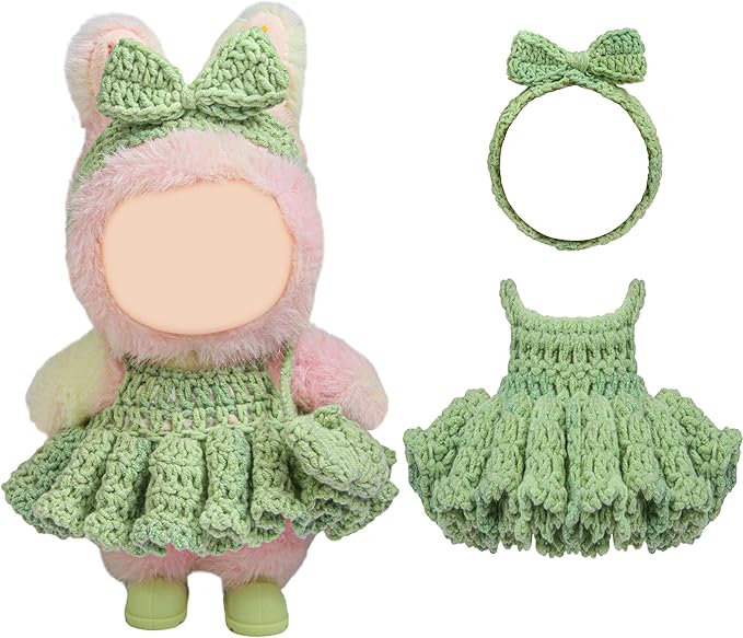 Handmade Crochet 17cm Doll Clothes - Stylish Styles with Halter Dress and Headband for Dress up 15cm/17cm Doll Accessories Suit (Green)