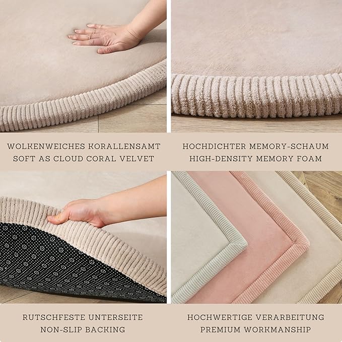 Hakuna Matte Coral Velvet Baby Play Mat Ø 47" Beige – High-Density Memory Foam Area Rug – Playmat for Floor with Non-Slip Backing for Crawling, Playing & Tummy Time