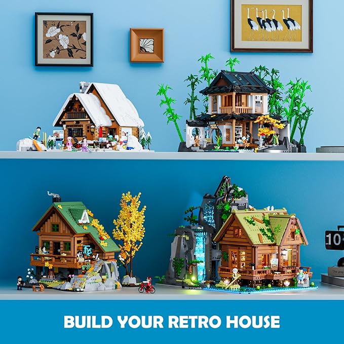 Waterfall-Cabin Lighting Building-Bricks Set - 2539 Pcs Retro Waterfall House Collection LED Light Set for Adults and Retro House Architecture Building Collectors
