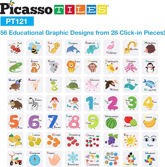 PicassoTiles 121 pc Master Builder Magnetic Building Block Construction Set Magnet Tiles Blocks with Car Truck, 2 Character Action Figures, 28 Educational Alphabet Animal and Number Graphics, Windmill