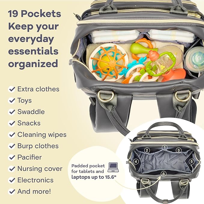 RUVALINO Diaper Bag Backpack, Multifunction Travel Baby Diaper Bag with Changing Pad, Insulated Bottle Holders & Pacifier Case, Large Capacity,Waterproof, Iron Gray