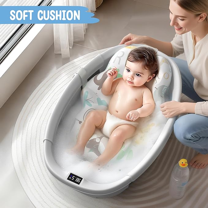 Collapsible Baby Bathtub, 3s to Install, Baby Bath Tub with Soft Cushion & Thermometer, 0-36 Months Newborn Bathtub, Portable Travel Baby Tub, Grey