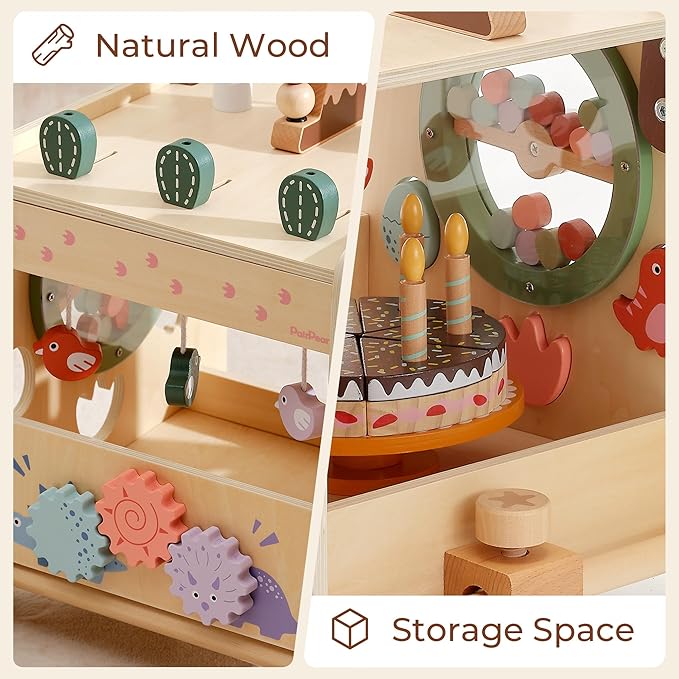 PairPear Wooden Baby Walker,6 in 1 Dinosaur Play Walker Adjustable Speed Push Cart with Brake & Shape Sorter,Natural Solid Wood Activity Center Toy for Toddlers 12M+