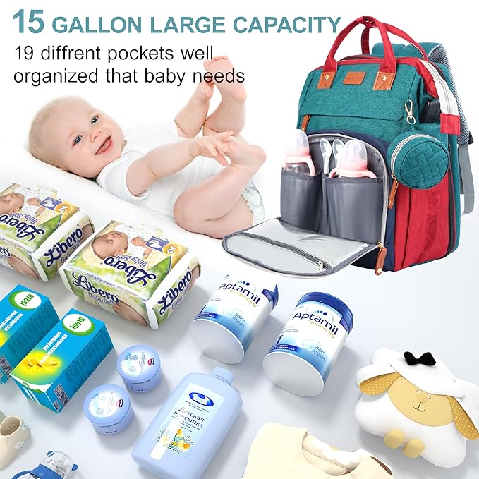 Diaper Bag Backpack, Baby Diaper Bag, Multifunctional Large Capacity, with Diaper Changing Station, Travel Diaper Bag Backpack (Blue-Green)