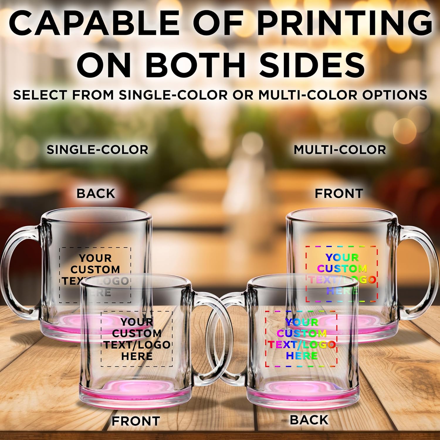 Custom Libbey Clear Glass Coffee Mugs 13 oz. Set of 100, Personalized Bulk Pack - Perfect for Coffee, Tea, Espresso, Hot Cocoa, Other Beverages - Pink Bottom