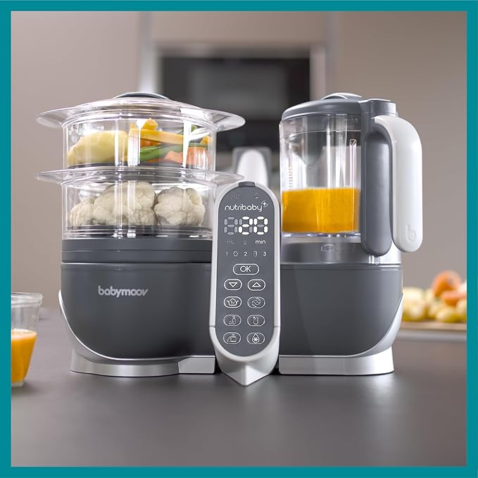 Babymoov Duo Meal Station Grey: Multi-Speed Baby Food Maker Steamer and Puree Blender, Baby Food Processor that warms & defrosts (Nutritionist Approved)
