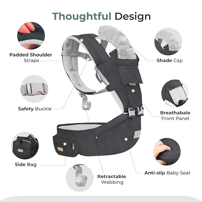 FRUITEAM 6-in-1 Baby Carrier with Waist Stool, One Size Fits All -Adapt to Newborn, Baby Hip Carrier for Breastfeeding, Infant & Toddler