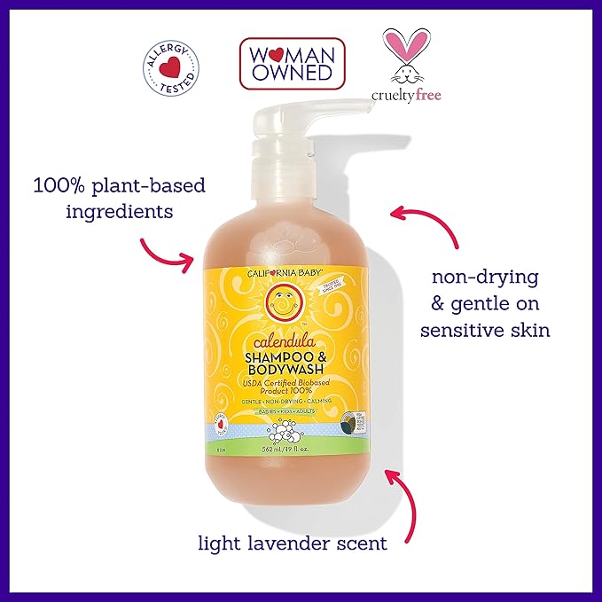 California Baby Calendula Baby Shampoo + Baby Wash | 100% Plant-Based | Soothing Lavender Body Wash | Sensitive Skin | Hypoallergenic | 19 oz (2-Pack)
